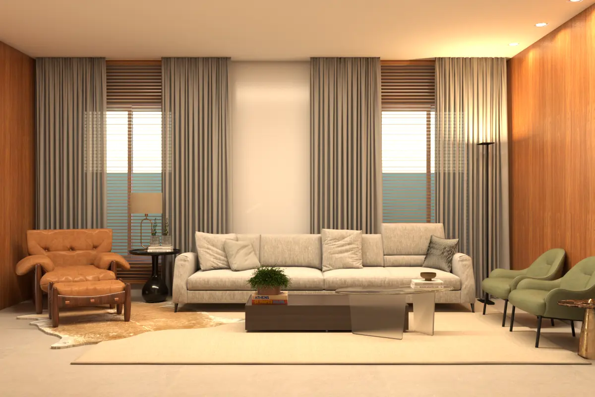 Sala de estar ampla com madeira e cortinas – arquitetura residencial